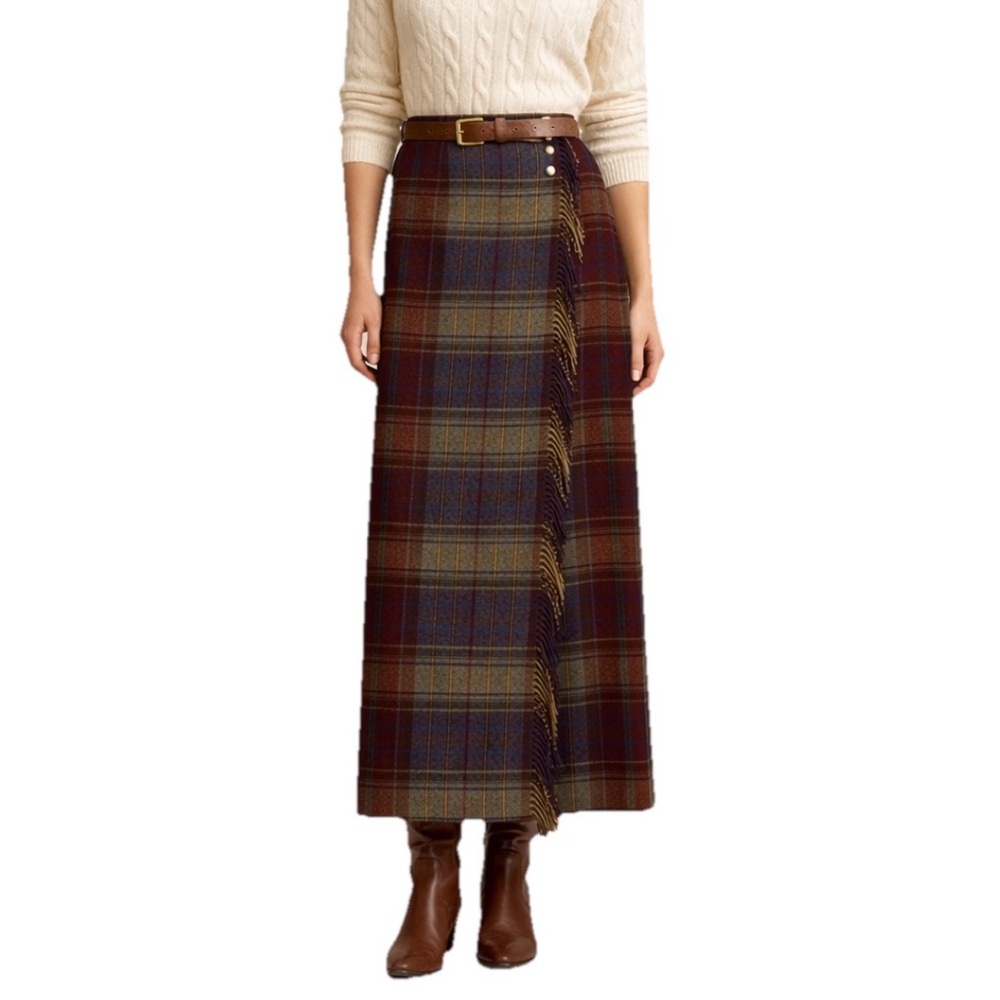 Vintage Ralph Lauren Plaid Wool Wrap Skirt Fringe Long Pencil Midi Equestrian S - Picture 3 of 12